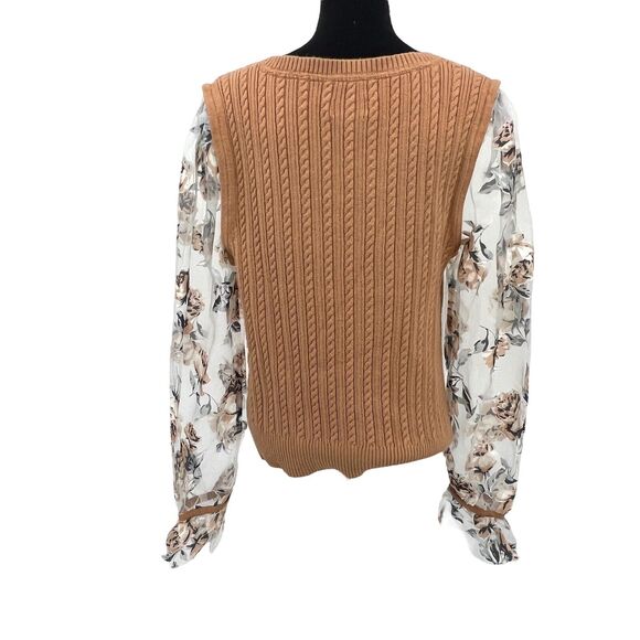 Anthropologie Maeve Tan Cable Knit Crew Sweater Sheer Rose Print Sleeves X Large - Picture 3 of 7